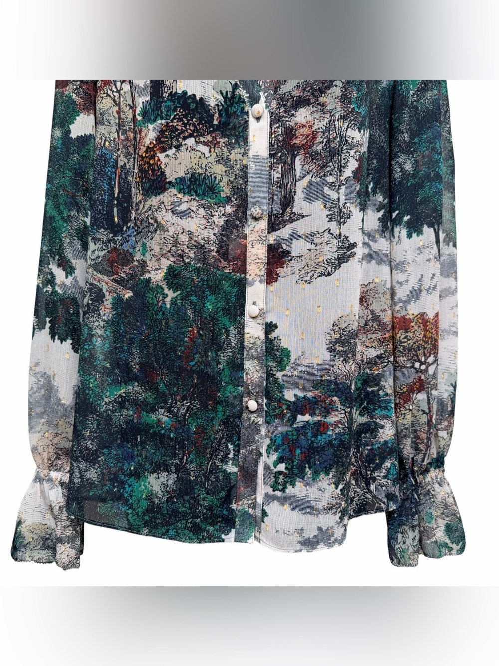 White House Black Market M Scenic Toile Print Sheer Blouse Ruffle Cuff - Picture 5 of 15